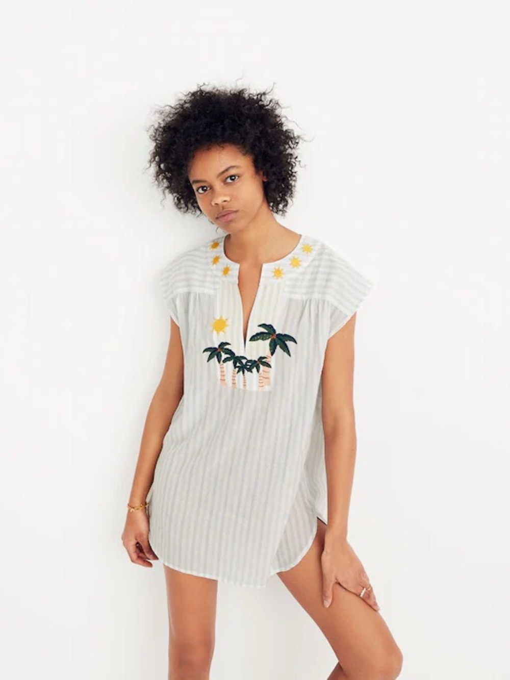 Madewell Belize Cover Up Tunic Dress Palm Embroidered Cotton Lyocell Boho Beach
